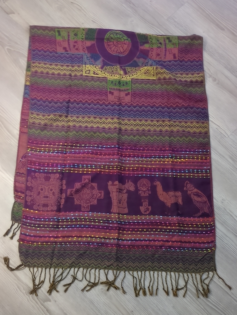 Boho Andean Pashmina Style Shawl Wrap Scarf Purple Fringe 27x70 Inca Southwester - Picture 12 of 14